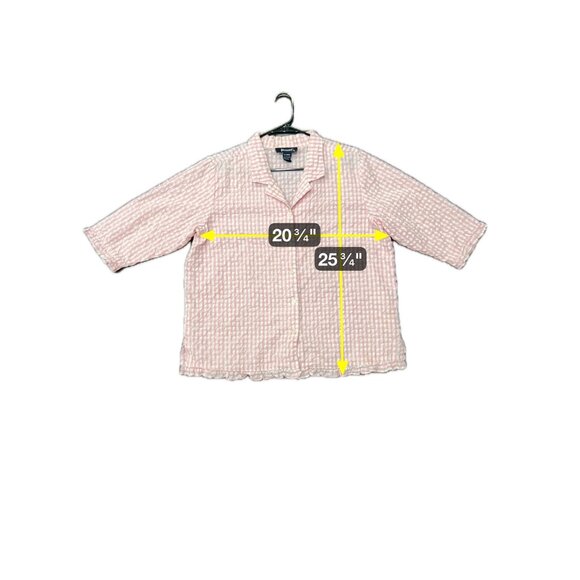 Denim & Co Pink Checkered Button Shirt XL Lightweight 3/4 Sleeves Collar Ruffle - Picture 7 of 10